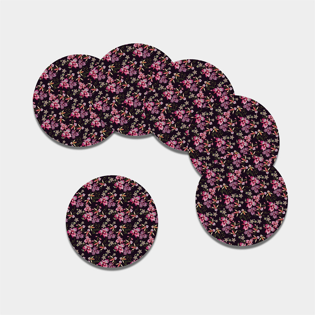 Embroidery Orchid Flower Pattern Print Leather Coaster Set