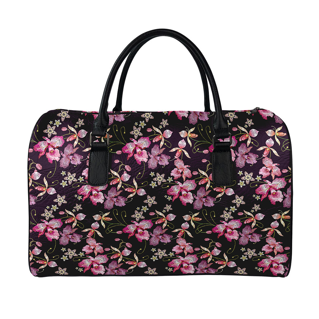 Embroidery Orchid Flower Pattern Print Leather Duffle Bag