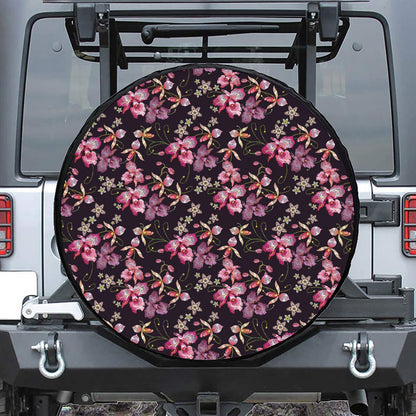Embroidery Orchid Flower Pattern Print Leather Spare Tire Cover