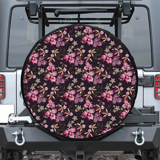 Embroidery Orchid Flower Pattern Print Leather Spare Tire Cover