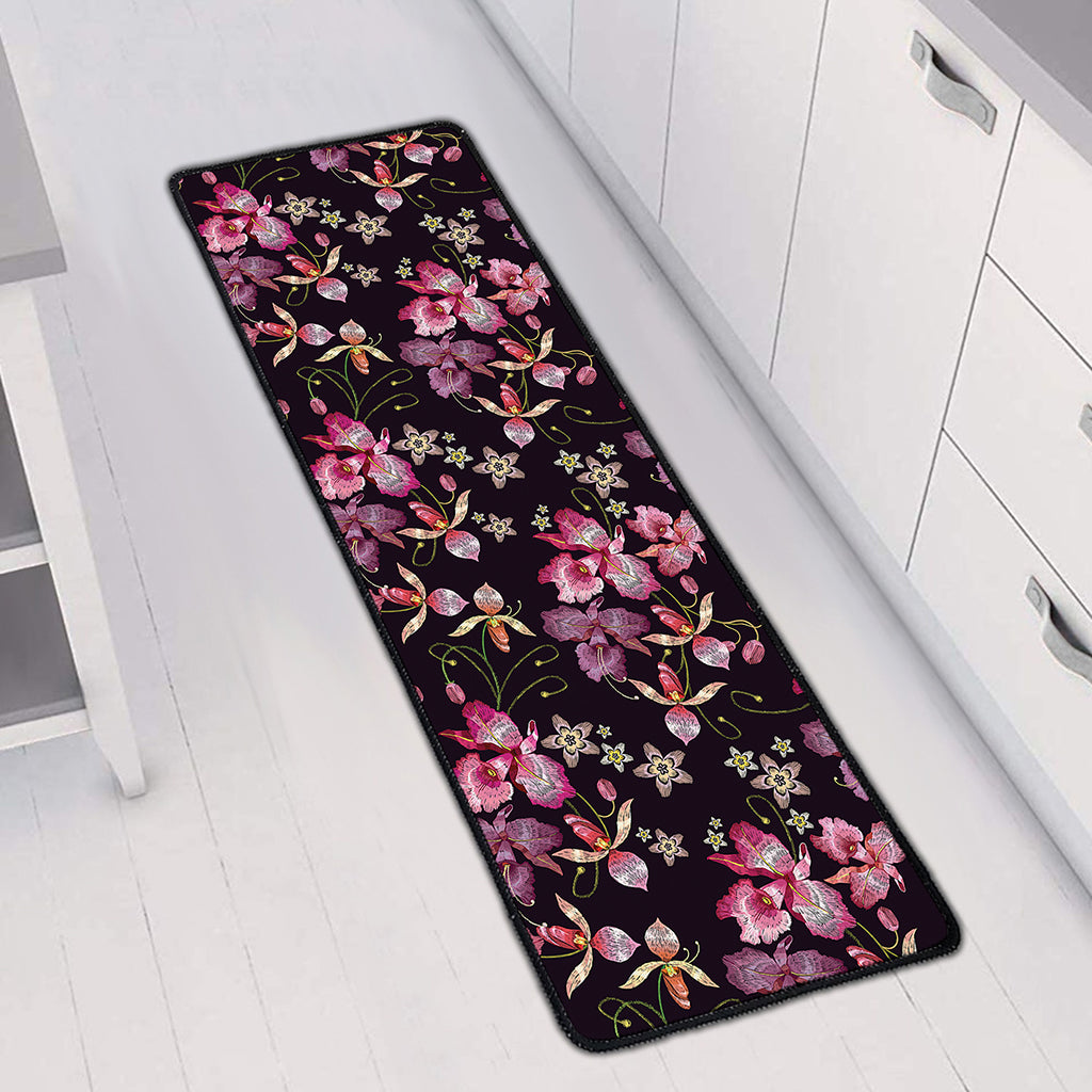 Embroidery Orchid Flower Pattern Print Long Kitchen Mat