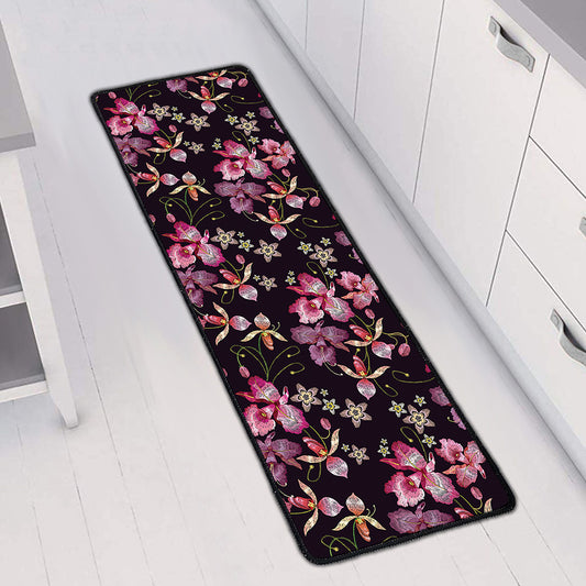 Embroidery Orchid Flower Pattern Print Long Kitchen Mat