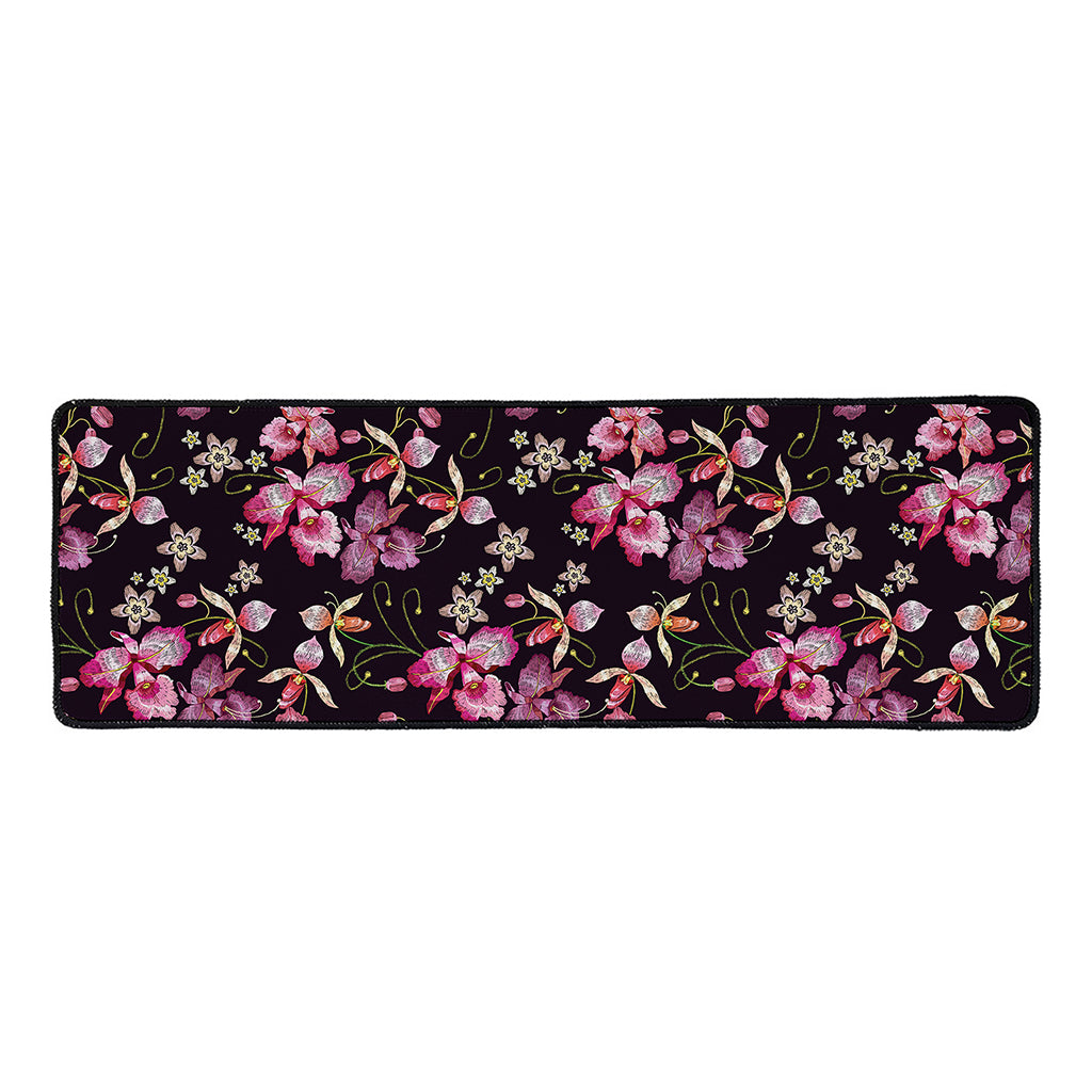 Embroidery Orchid Flower Pattern Print Long Kitchen Mat