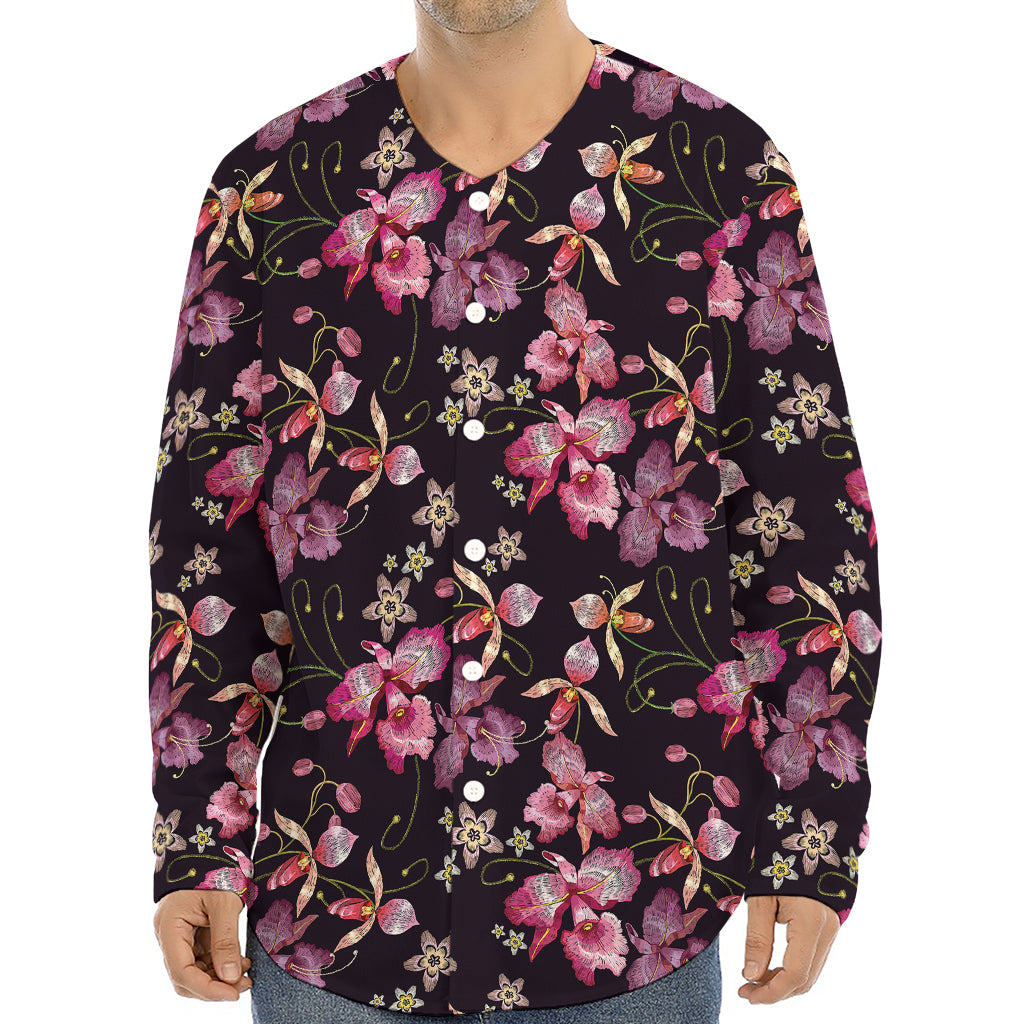 Embroidery Orchid Flower Pattern Print Long Sleeve Baseball Jersey