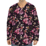 Embroidery Orchid Flower Pattern Print Long Sleeve Baseball Jersey