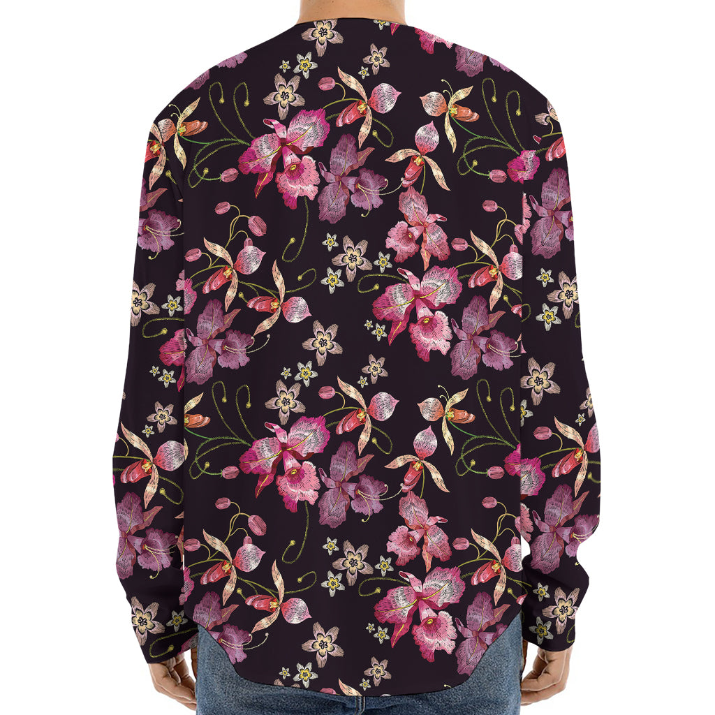 Embroidery Orchid Flower Pattern Print Long Sleeve Baseball Jersey