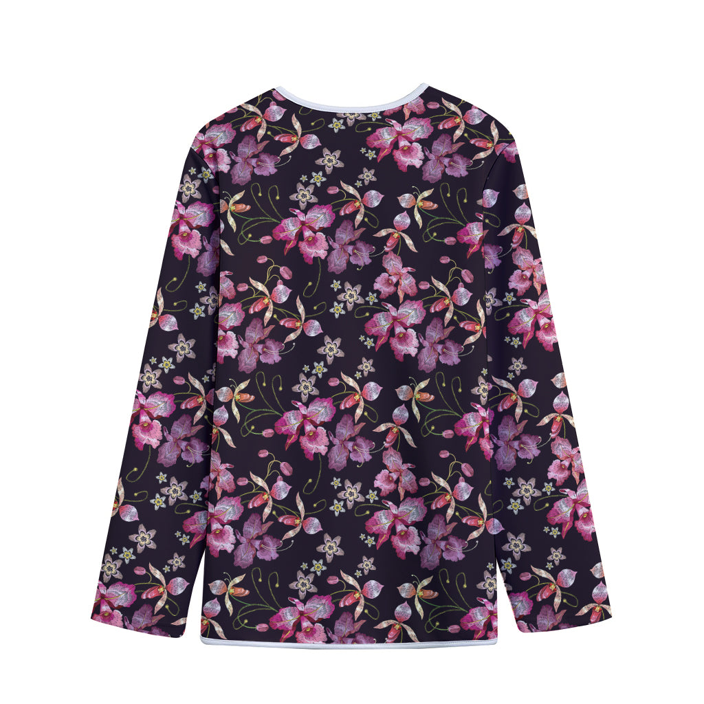 Embroidery Orchid Flower Pattern Print Long Sleeve Short Coat