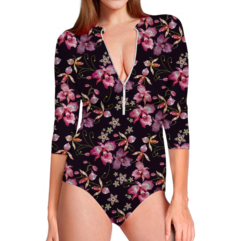 Embroidery Orchid Flower Pattern Print Long Sleeve Swimsuit