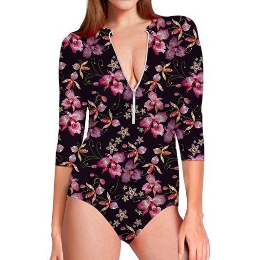 Embroidery Orchid Flower Pattern Print Long Sleeve Swimsuit