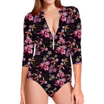Embroidery Orchid Flower Pattern Print Long Sleeve Swimsuit