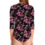 Embroidery Orchid Flower Pattern Print Long Sleeve Swimsuit