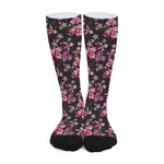 Embroidery Orchid Flower Pattern Print Long Socks