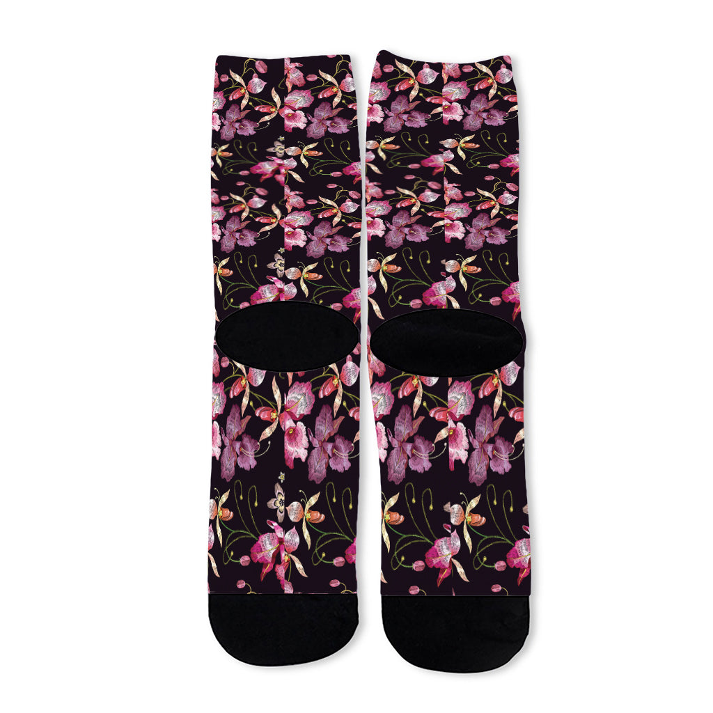 Embroidery Orchid Flower Pattern Print Long Socks