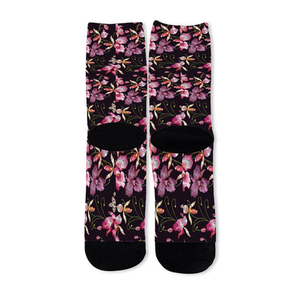 Embroidery Orchid Flower Pattern Print Long Socks