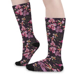 Embroidery Orchid Flower Pattern Print Long Socks