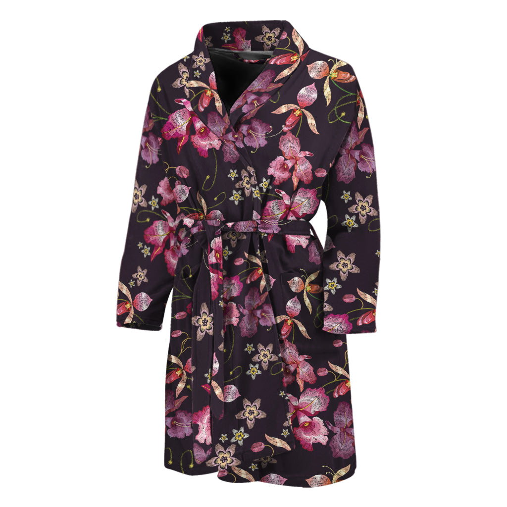 Embroidery Orchid Flower Pattern Print Men's Bathrobe
