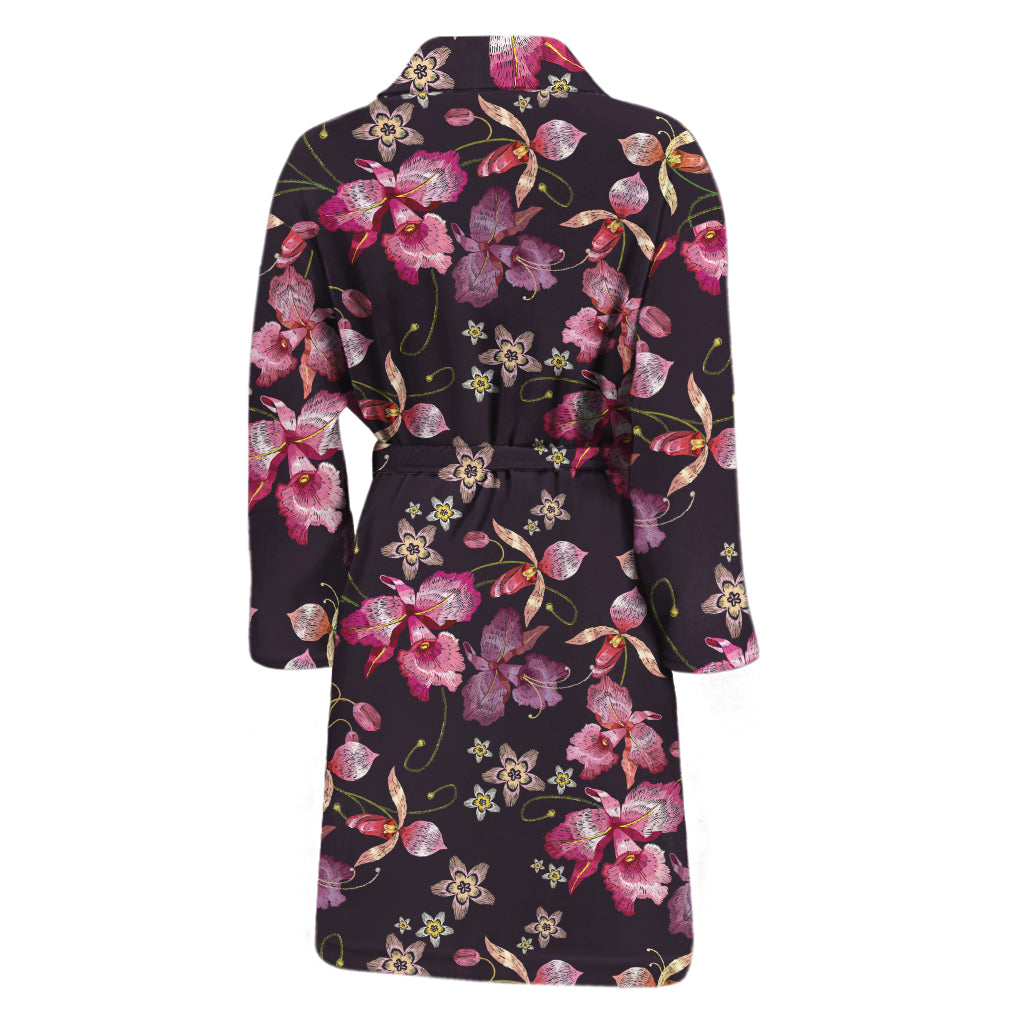Embroidery Orchid Flower Pattern Print Men's Bathrobe