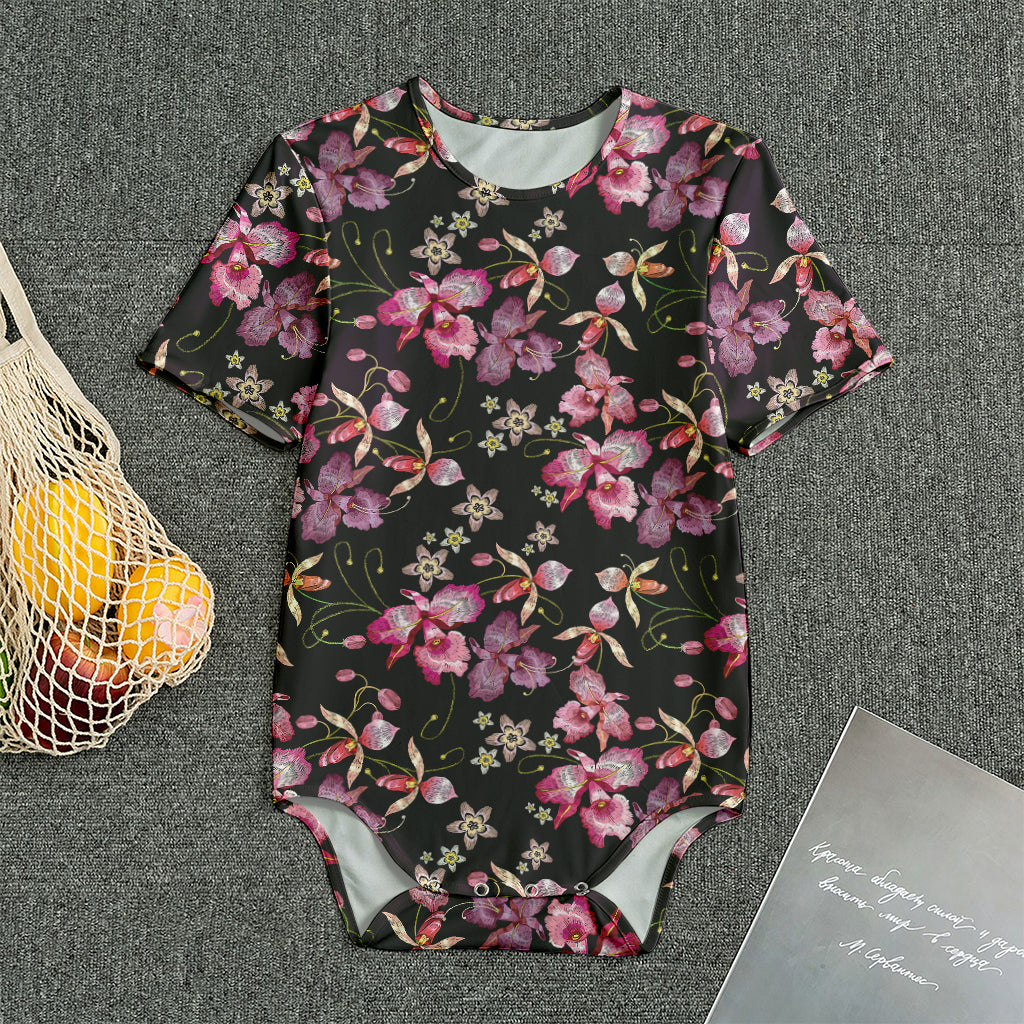 Embroidery Orchid Flower Pattern Print Men's Bodysuit