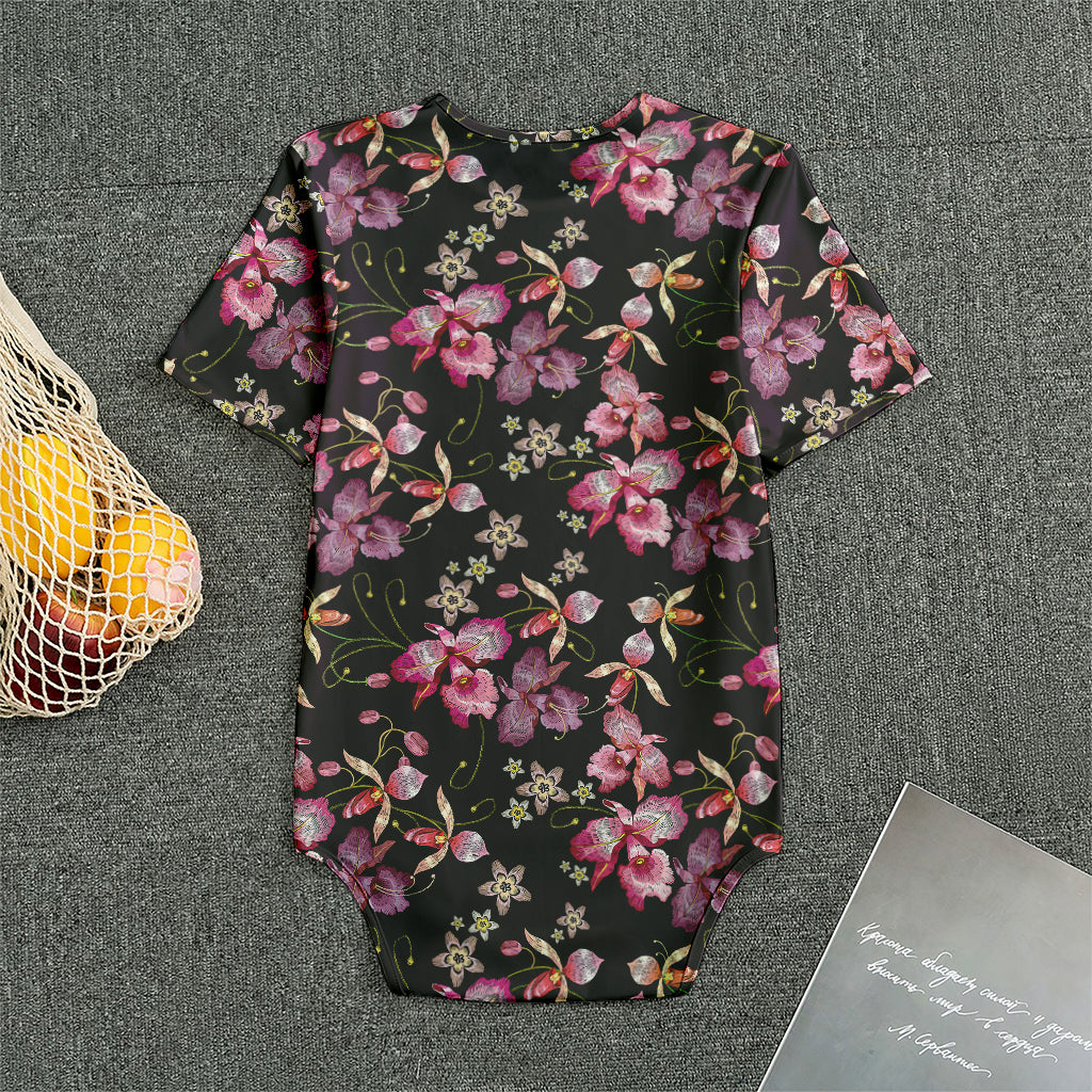 Embroidery Orchid Flower Pattern Print Men's Bodysuit