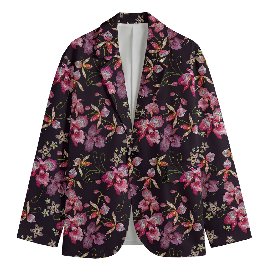 Embroidery Orchid Flower Pattern Print Men's Cotton Blazer