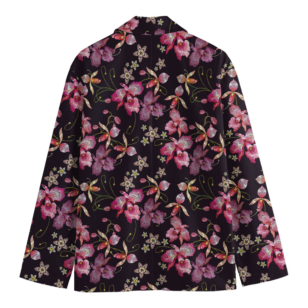 Embroidery Orchid Flower Pattern Print Men's Cotton Blazer