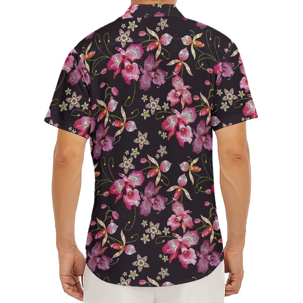 Embroidery Orchid Flower Pattern Print Men's Deep V-Neck Shirt