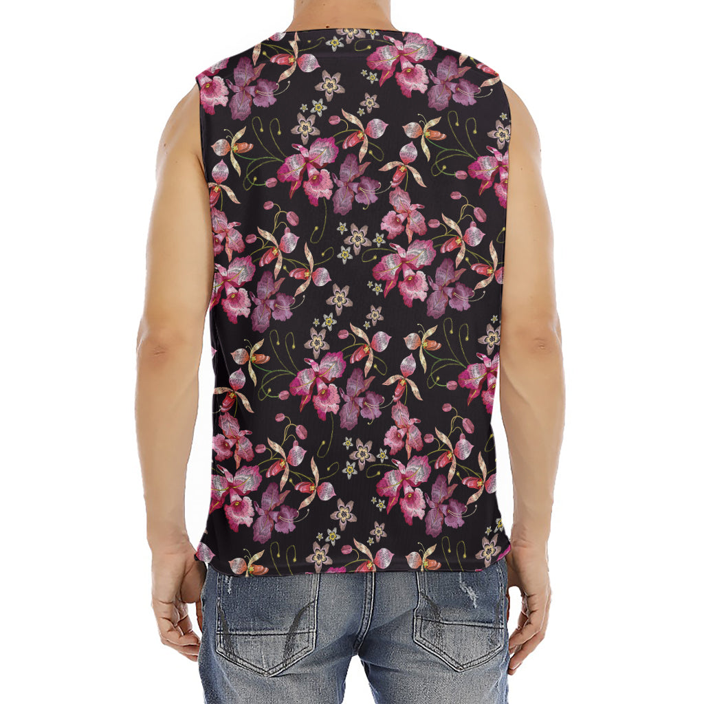 Embroidery Orchid Flower Pattern Print Men's Fitness Tank Top
