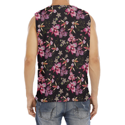 Embroidery Orchid Flower Pattern Print Men's Fitness Tank Top