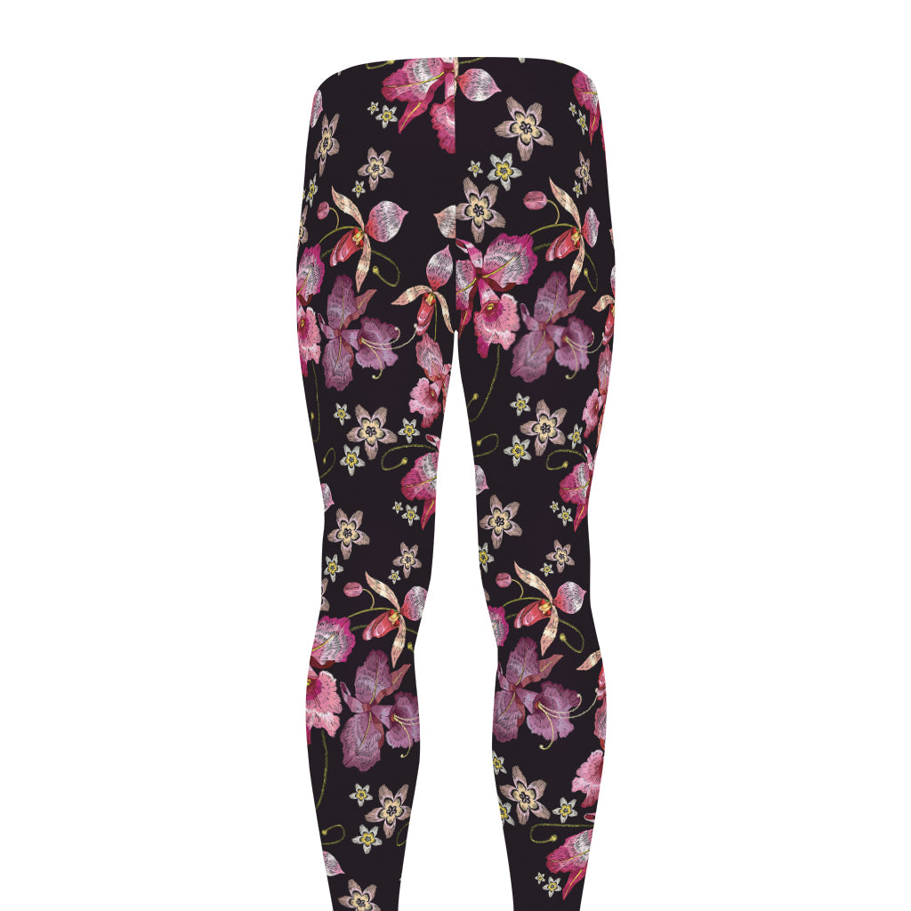 Embroidery Orchid Flower Pattern Print Men's leggings