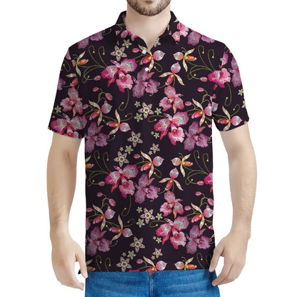 Embroidery Orchid Flower Pattern Print Men's Polo Shirt