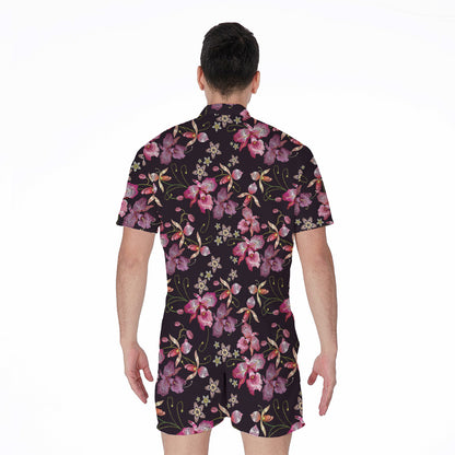 Embroidery Orchid Flower Pattern Print Men's Rompers
