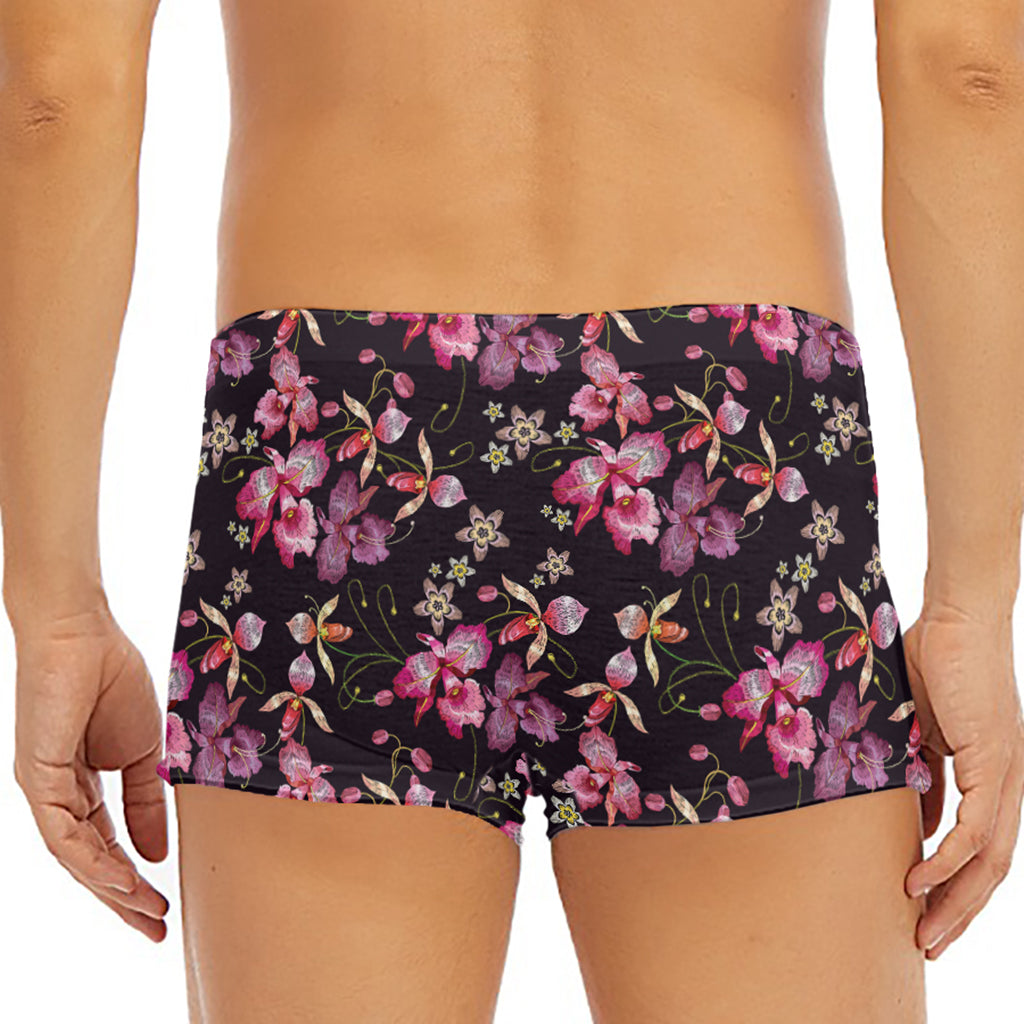 Embroidery Orchid Flower Pattern Print Men's Short Boxer Briefs