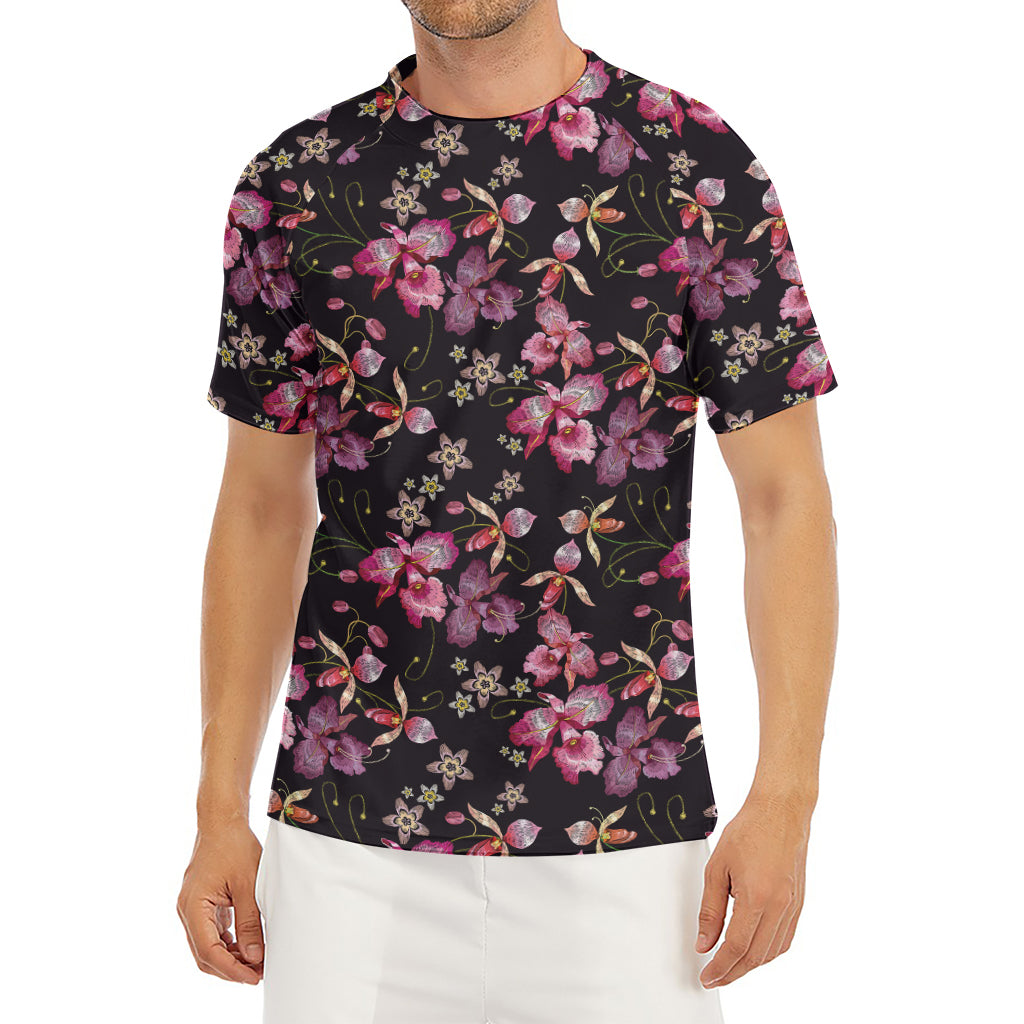 Embroidery Orchid Flower Pattern Print Men's Short Sleeve Rash Guard