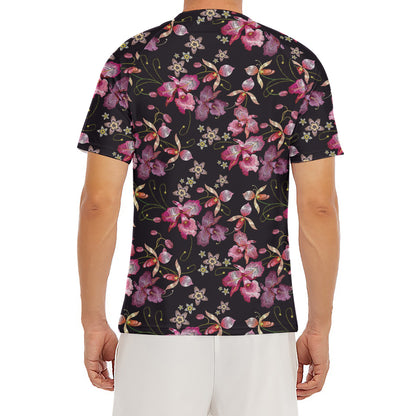 Embroidery Orchid Flower Pattern Print Men's Short Sleeve Rash Guard