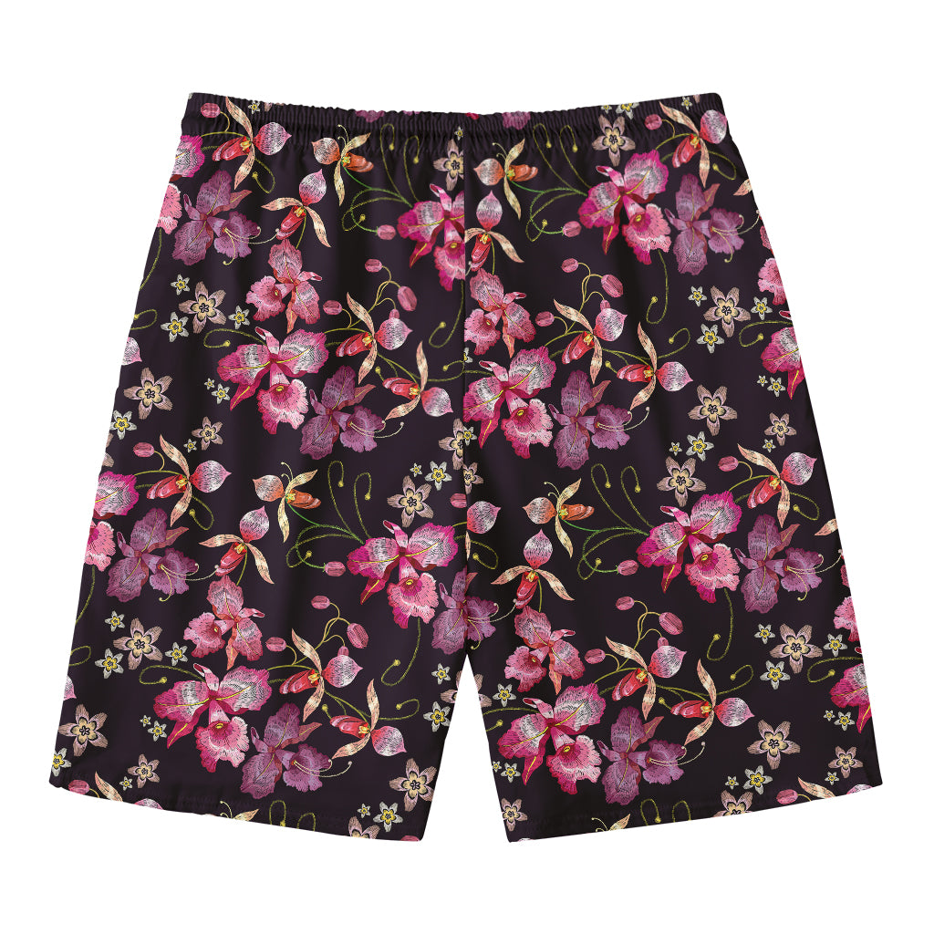 Embroidery Orchid Flower Pattern Print Men's Swim Trunks