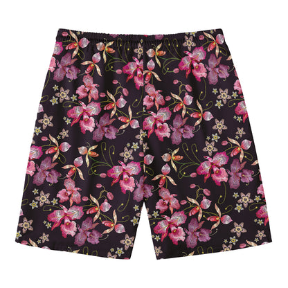 Embroidery Orchid Flower Pattern Print Men's Swim Trunks