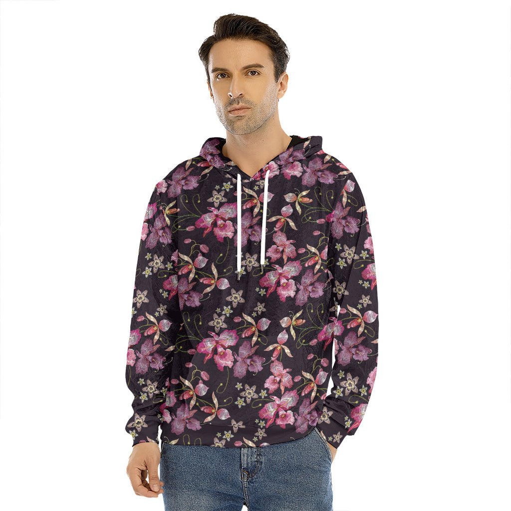 Embroidery Orchid Flower Pattern Print Men's Velvet Pullover Hoodie