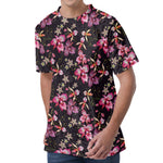 Embroidery Orchid Flower Pattern Print Men's Velvet T-Shirt