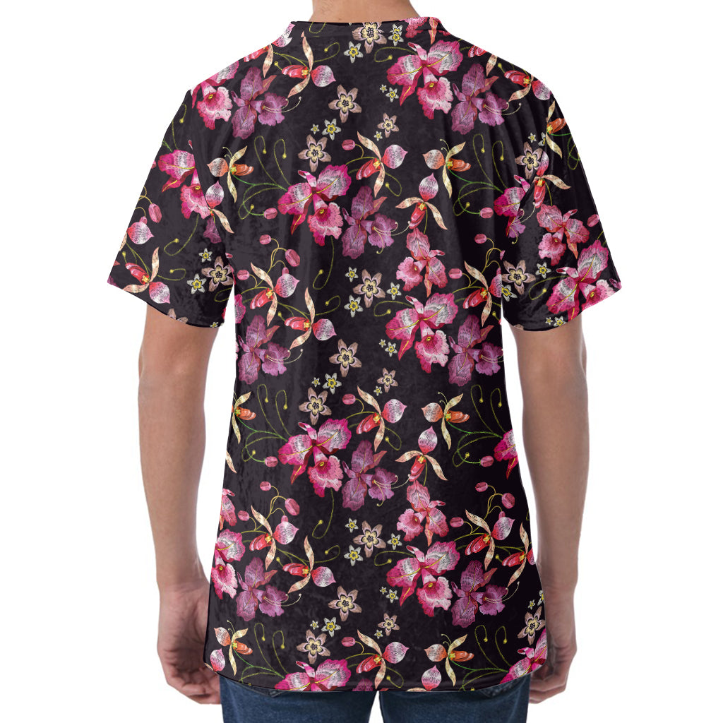 Embroidery Orchid Flower Pattern Print Men's Velvet T-Shirt