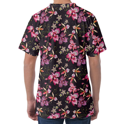 Embroidery Orchid Flower Pattern Print Men's Velvet T-Shirt