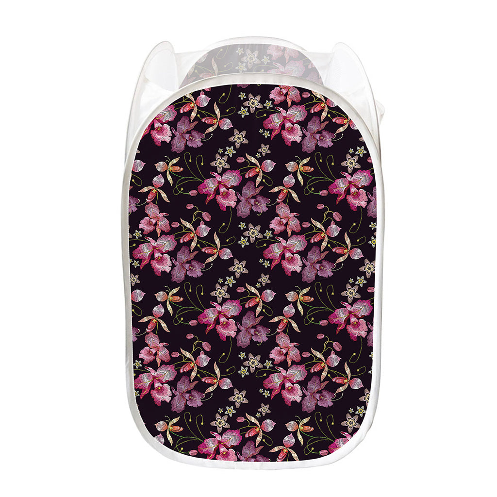 Embroidery Orchid Flower Pattern Print Mesh Laundry Hamper