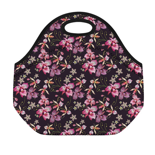 Embroidery Orchid Flower Pattern Print Neoprene Lunch Bag
