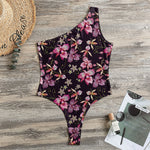 Embroidery Orchid Flower Pattern Print One Shoulder Bodysuit