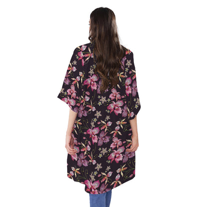 Embroidery Orchid Flower Pattern Print Open Front Beach Cover Up