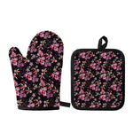 Embroidery Orchid Flower Pattern Print Oven Mitt And Pot Holder Set