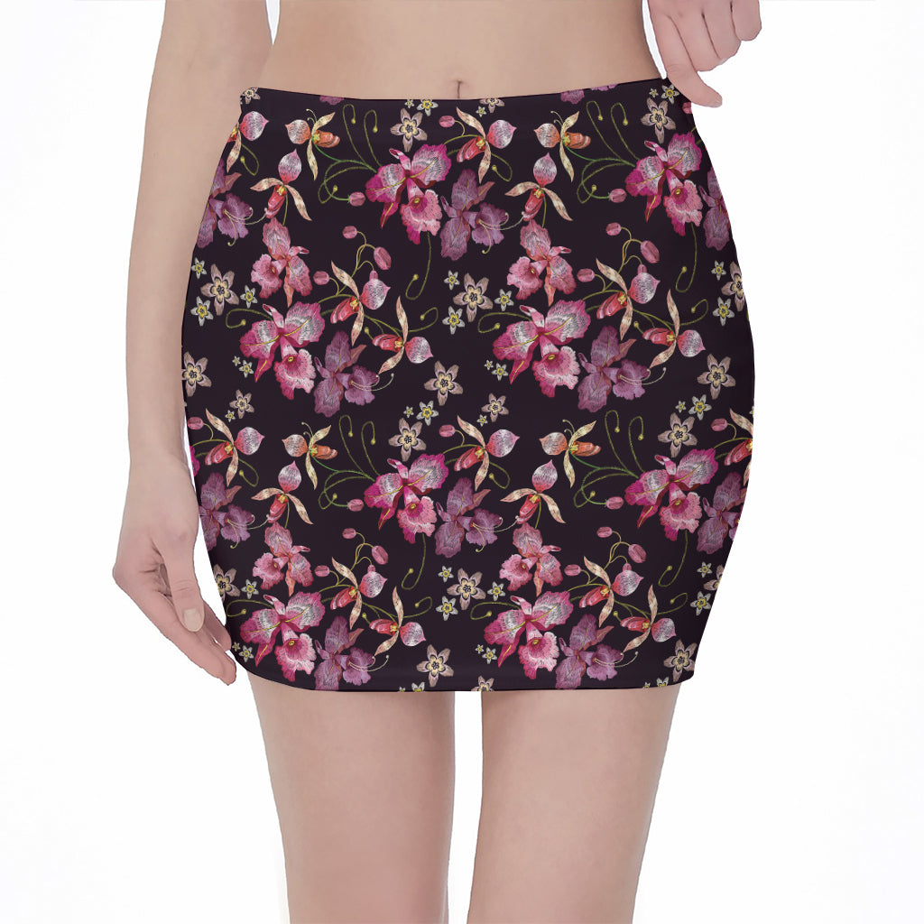 Embroidery Orchid Flower Pattern Print Pencil Mini Skirt