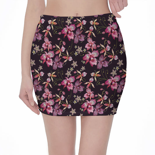 Embroidery Orchid Flower Pattern Print Pencil Mini Skirt