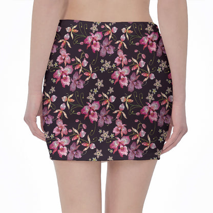 Embroidery Orchid Flower Pattern Print Pencil Mini Skirt