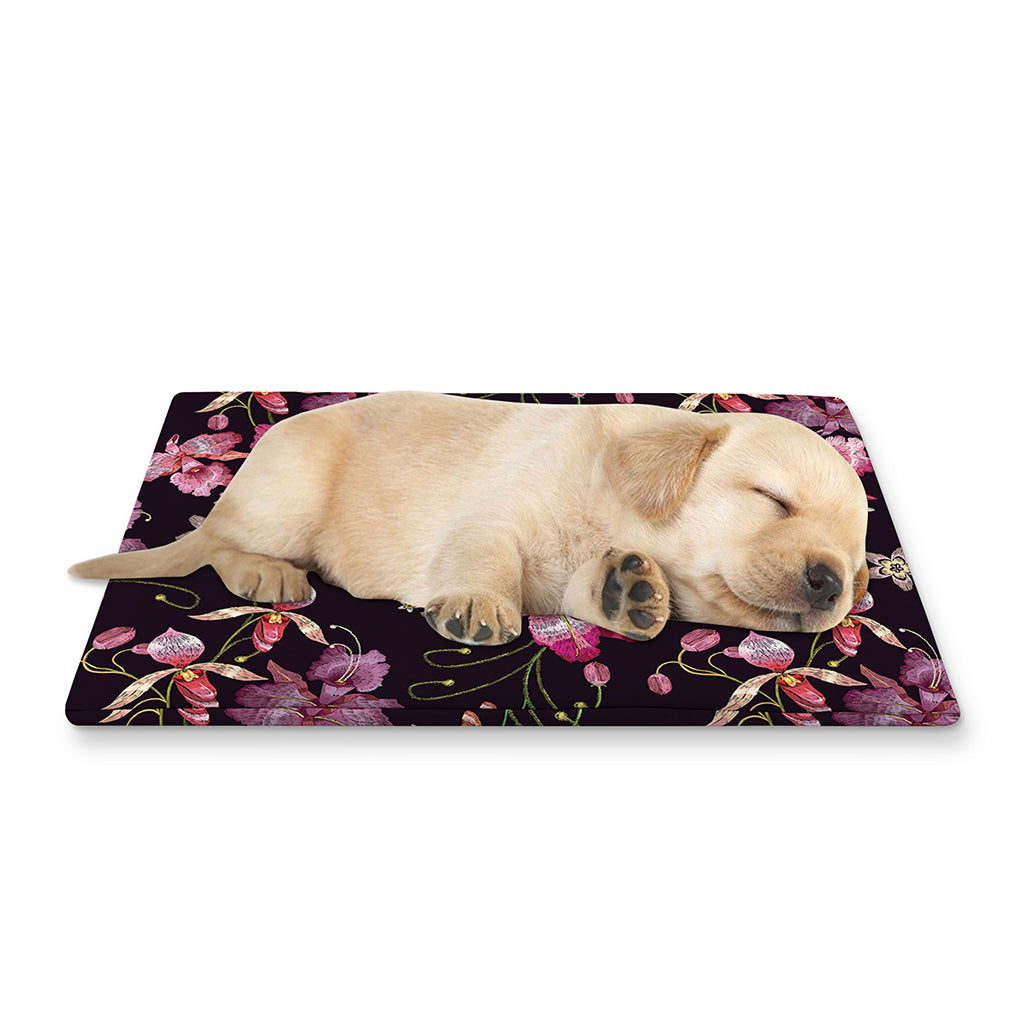 Embroidery Orchid Flower Pattern Print Pet Cooling Mat Cover