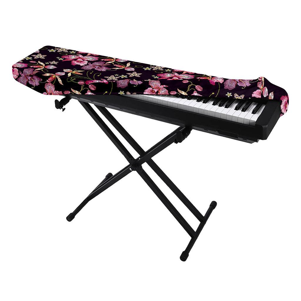 Embroidery Orchid Flower Pattern Print Piano Keyboard Cover